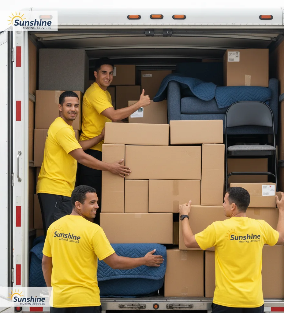 Sunshine movers stacking boxes in a moving truck